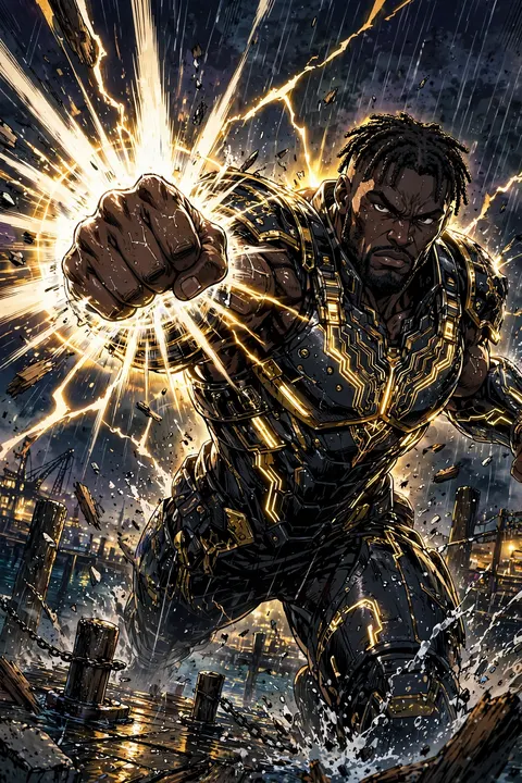 Elroy in black and gold biohazard armor