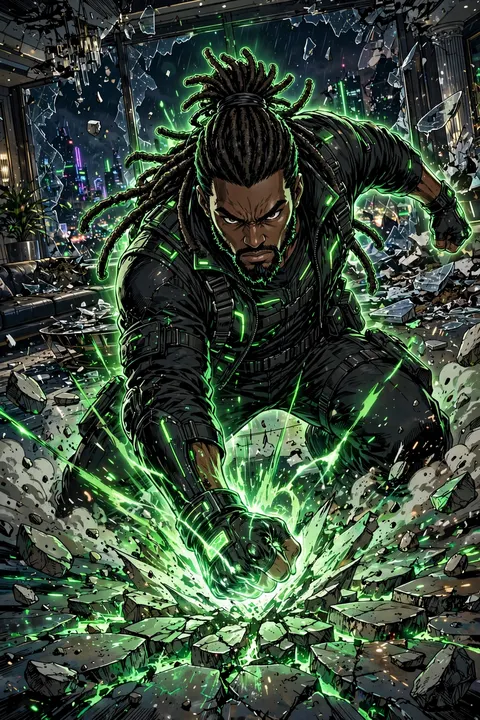 Emerald, James, in black armor with green accents