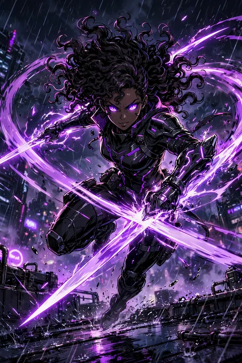 Indigo in black armor with purple accents
