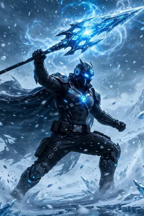 Nexus Final Form in dark armor with ice-blue accents, horned crown helmet and ice lance