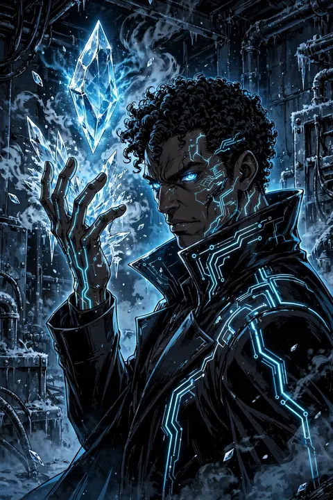 Nexus in black and silver armor with ice-blue accents
