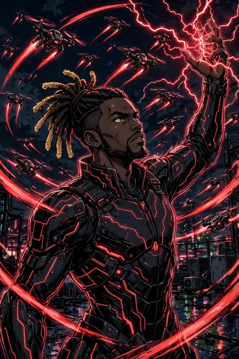 Rahz, Red Electric, in black armor with red circuit lines