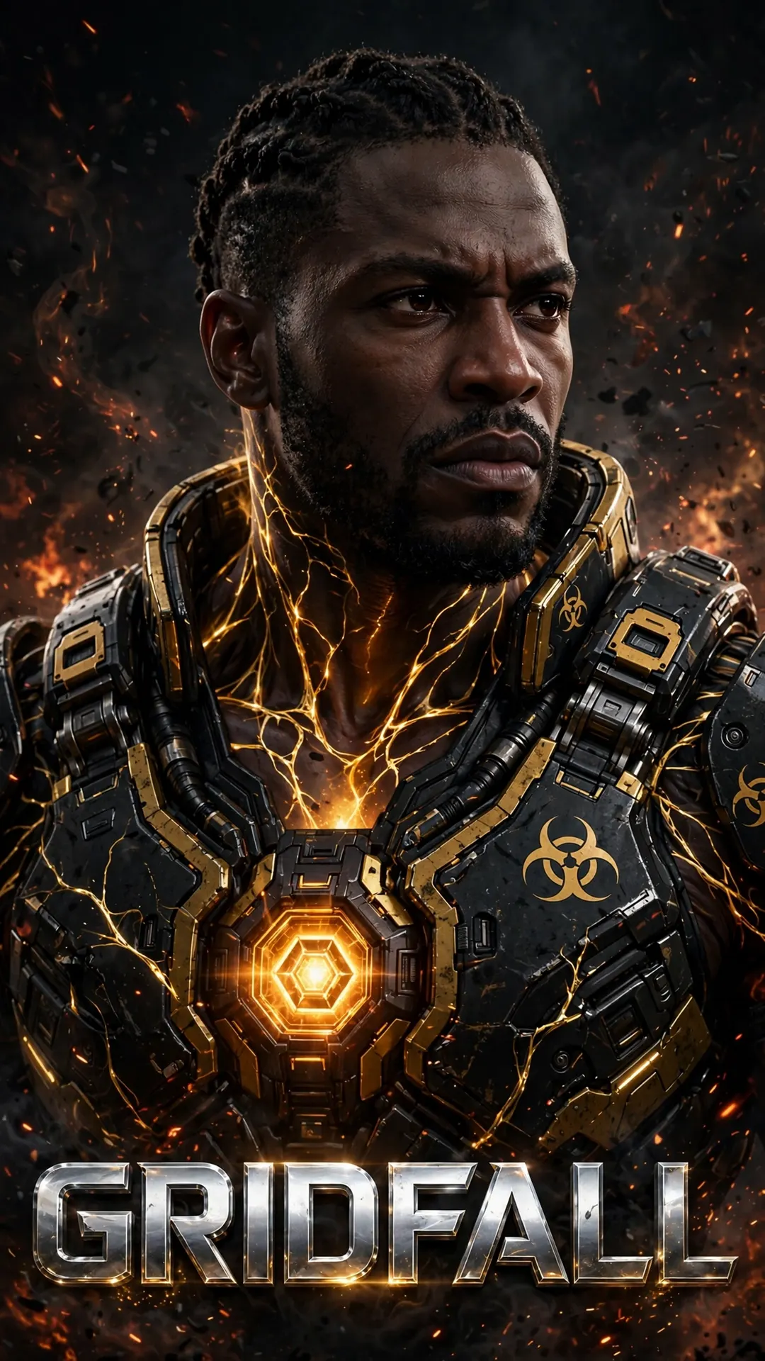 Elroy's black and gold armor with the merged gold crystal core burning in his chest